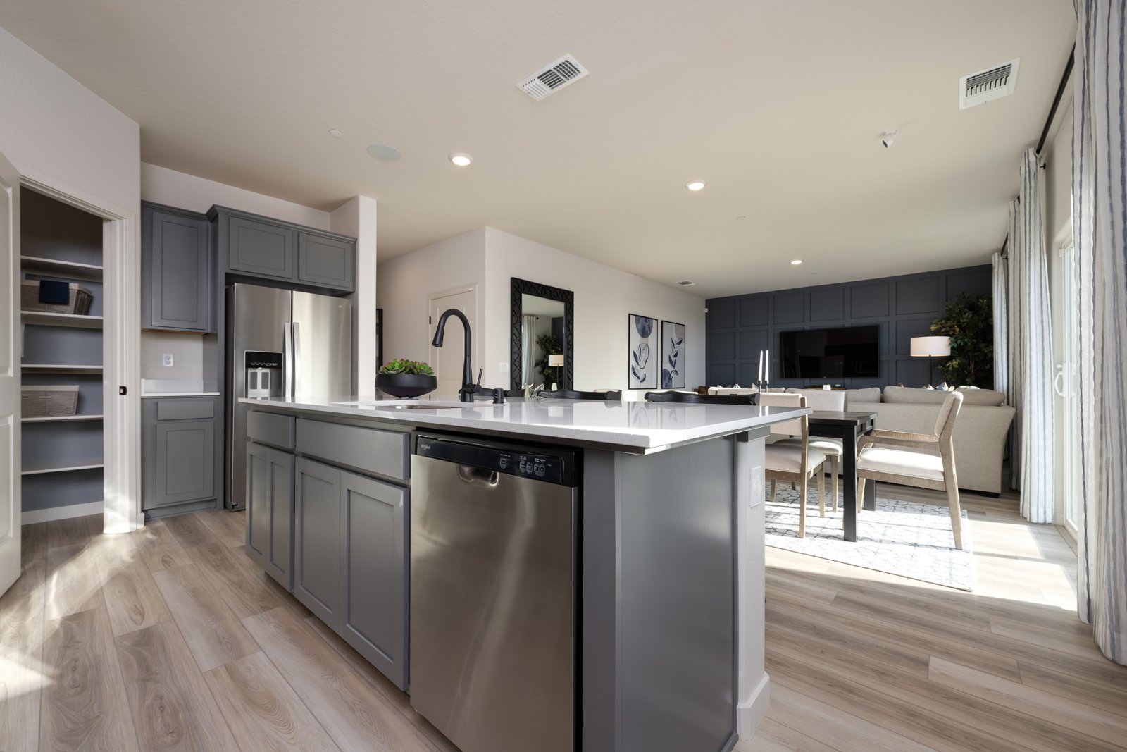 A kitchen with a large island.