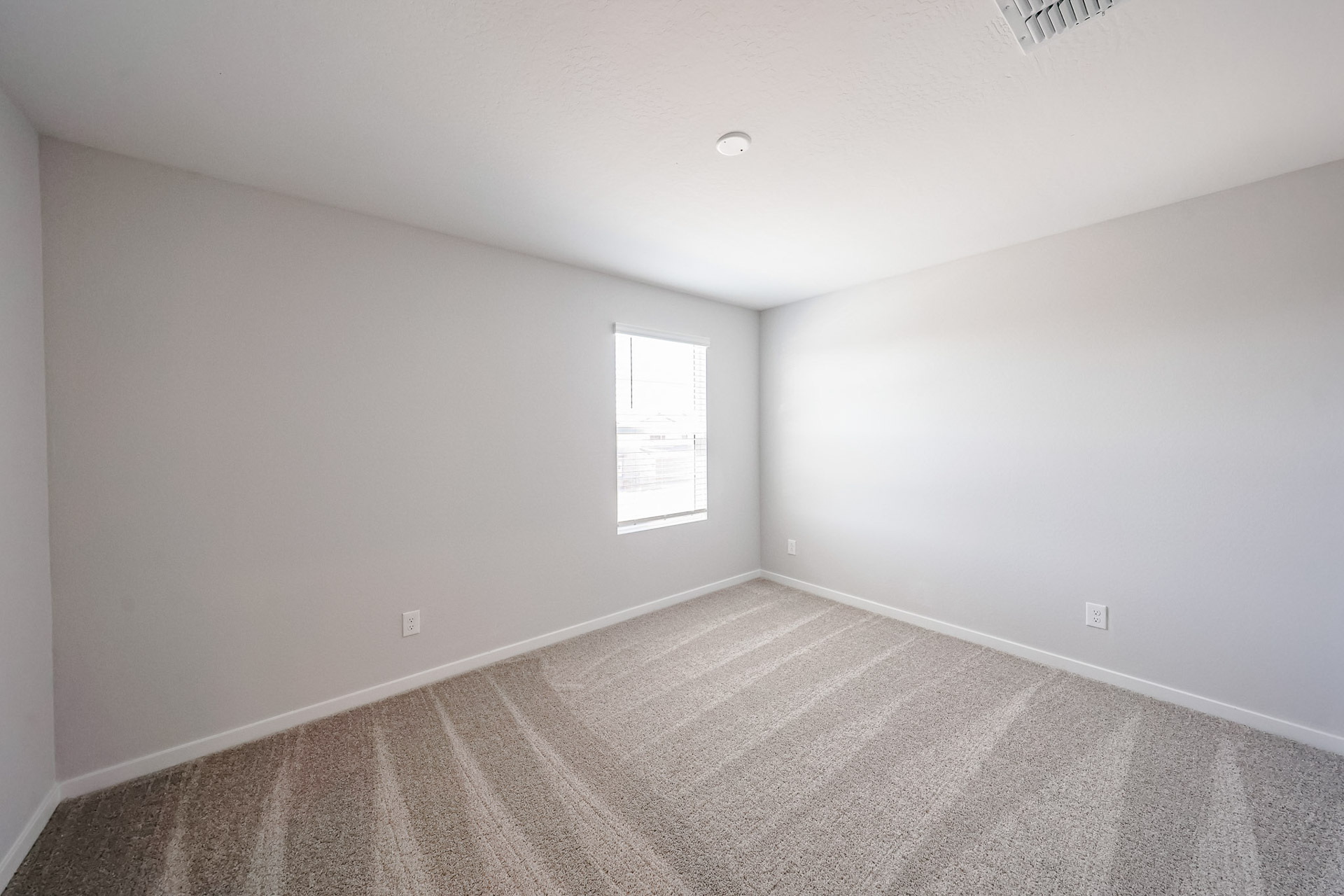 A room with a carpet and a window.