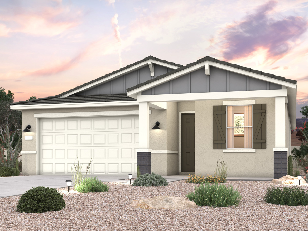 Twilight rendering of front of new home for sale in San Tan, AZ with 2 car garage in the beautiful Skyline Village community with pool.