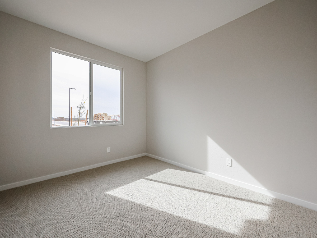 A room with a window and a rug.