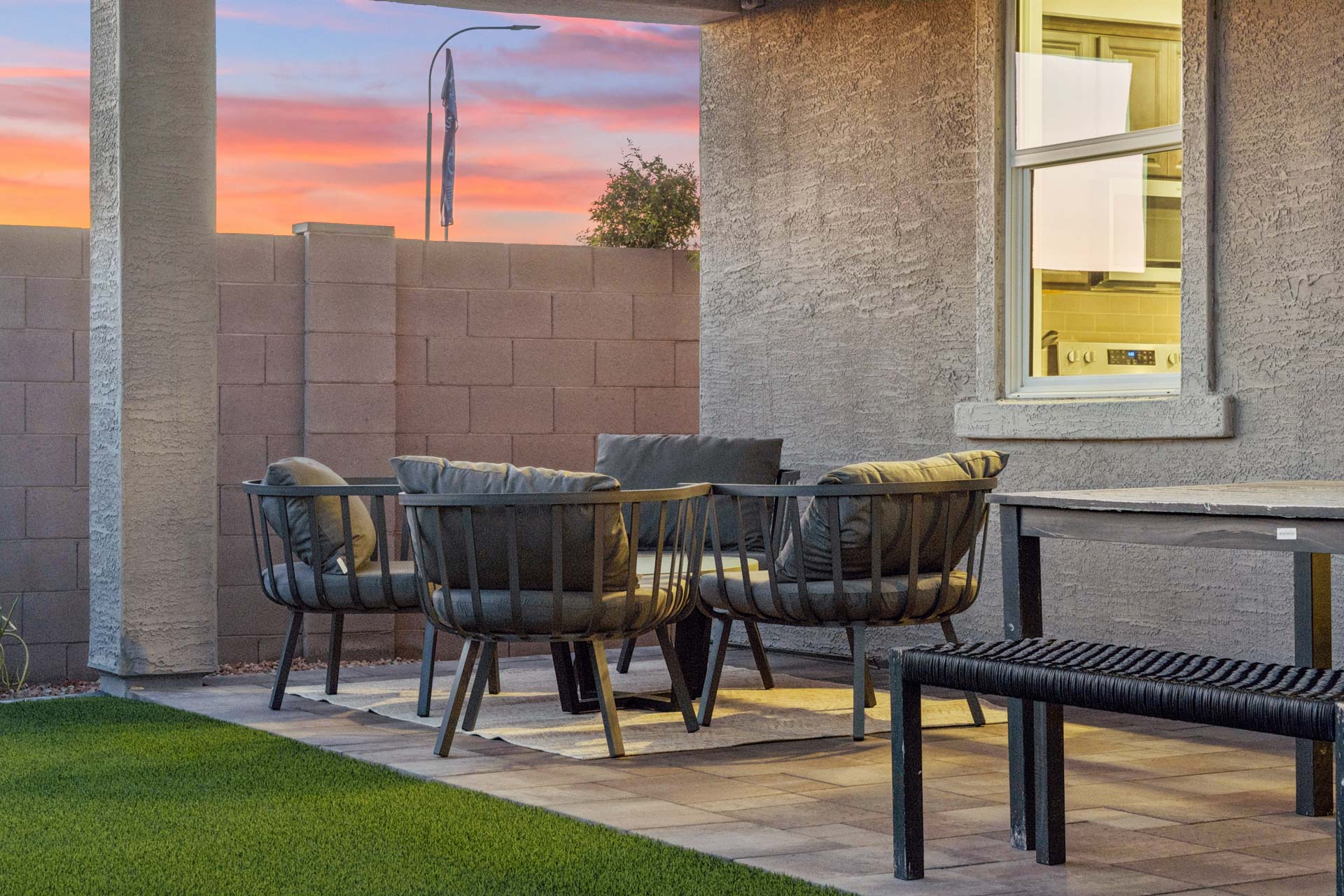 A group of chairs outside.