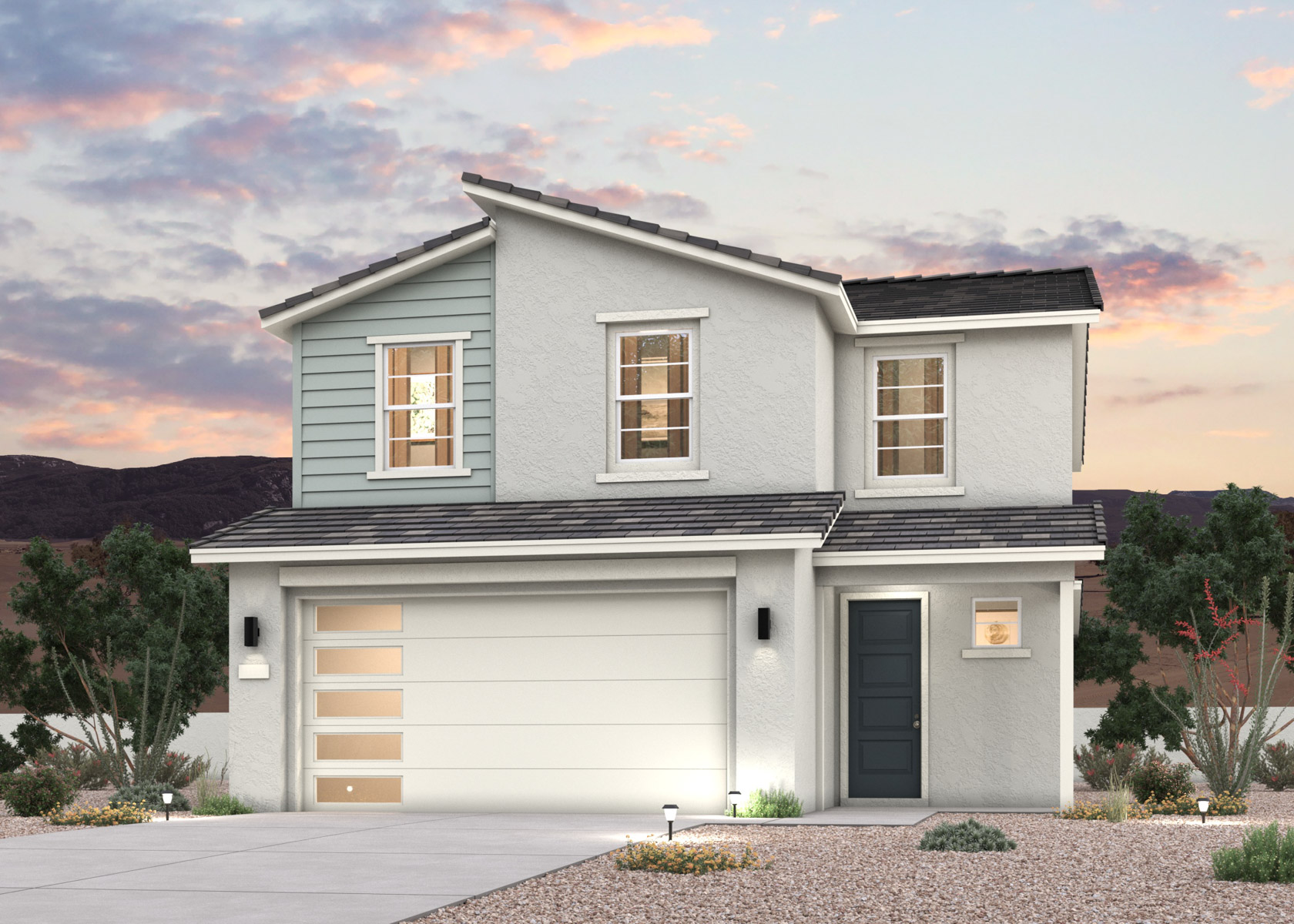 A twilight rendering of a 2-story new home in Buckeye, AZ at Manzanita at Teravalis by Century Communities.