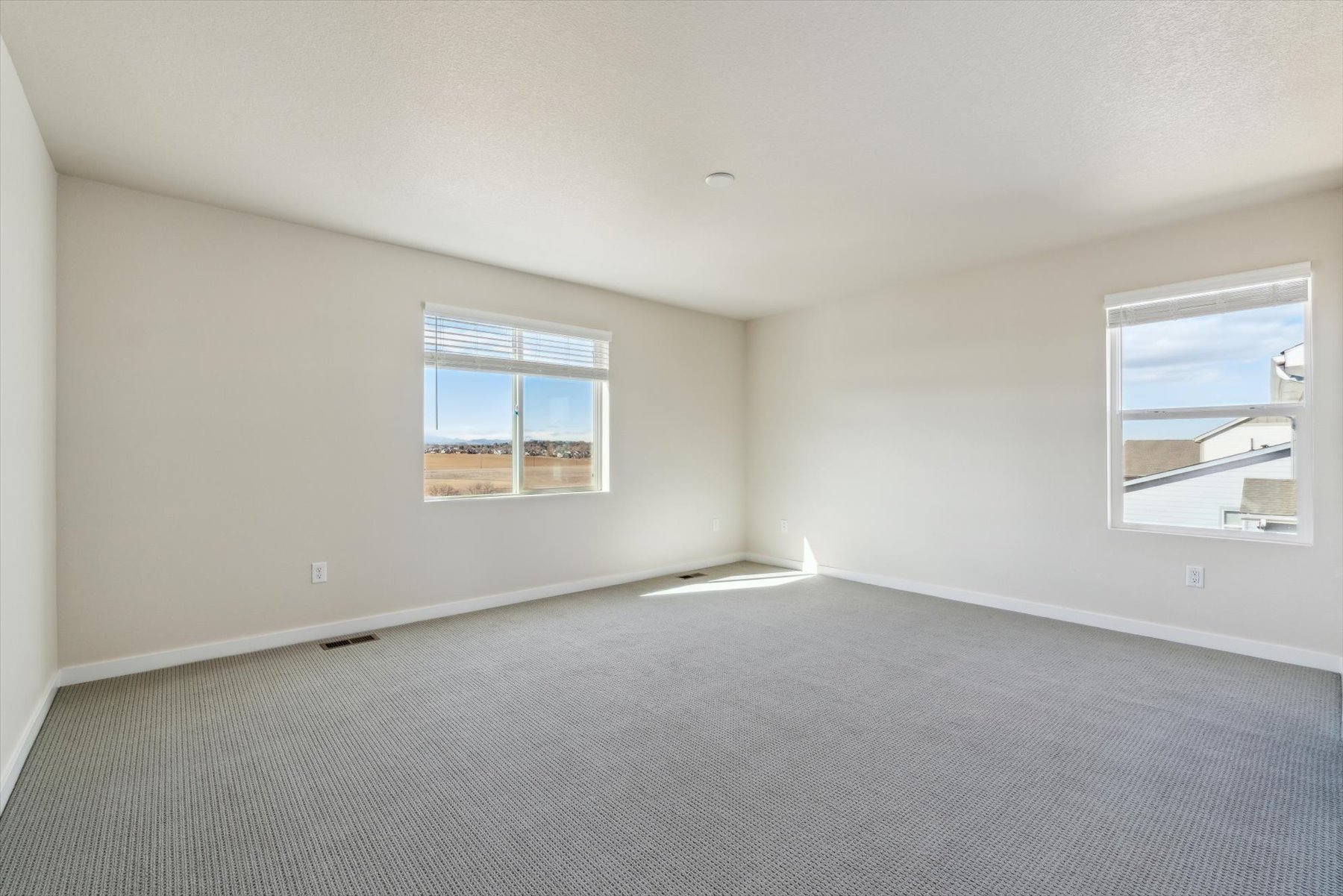A room with a carpet and windows.