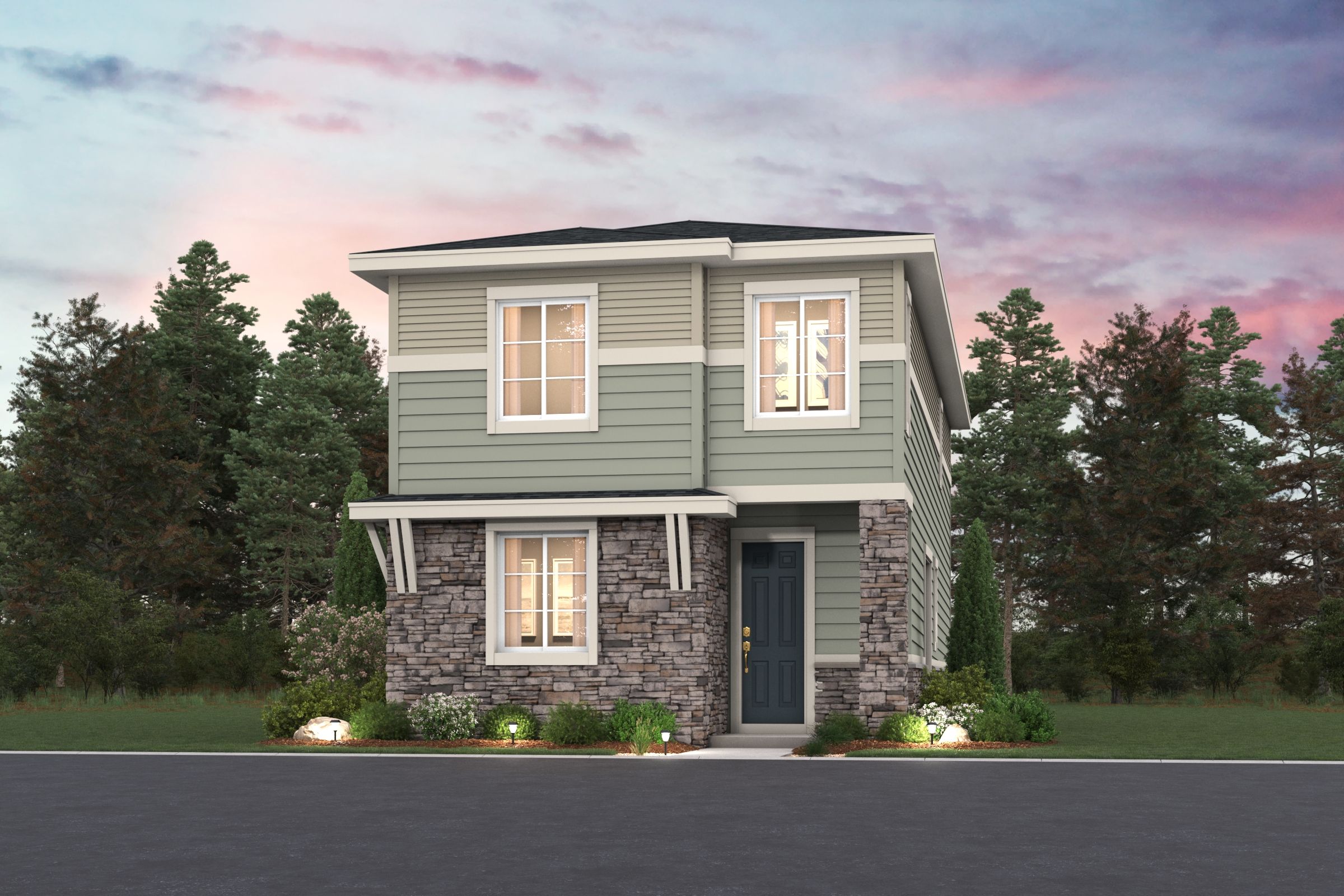 A house with trees in the back.