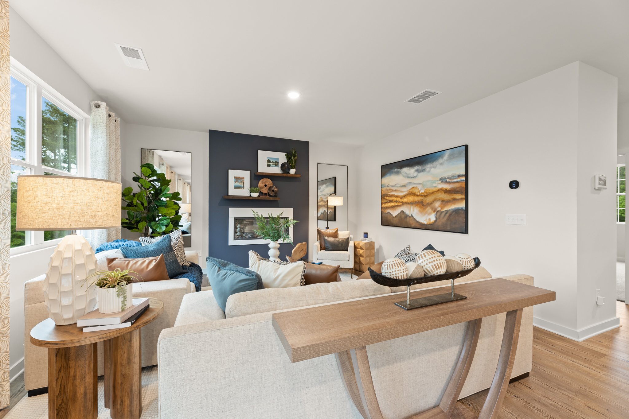 A living room with a couch and a coffee table.