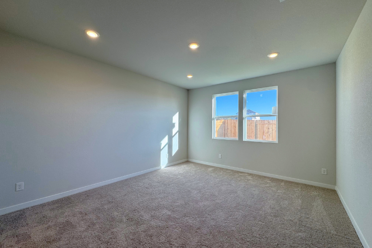 A room with a carpet and windows.