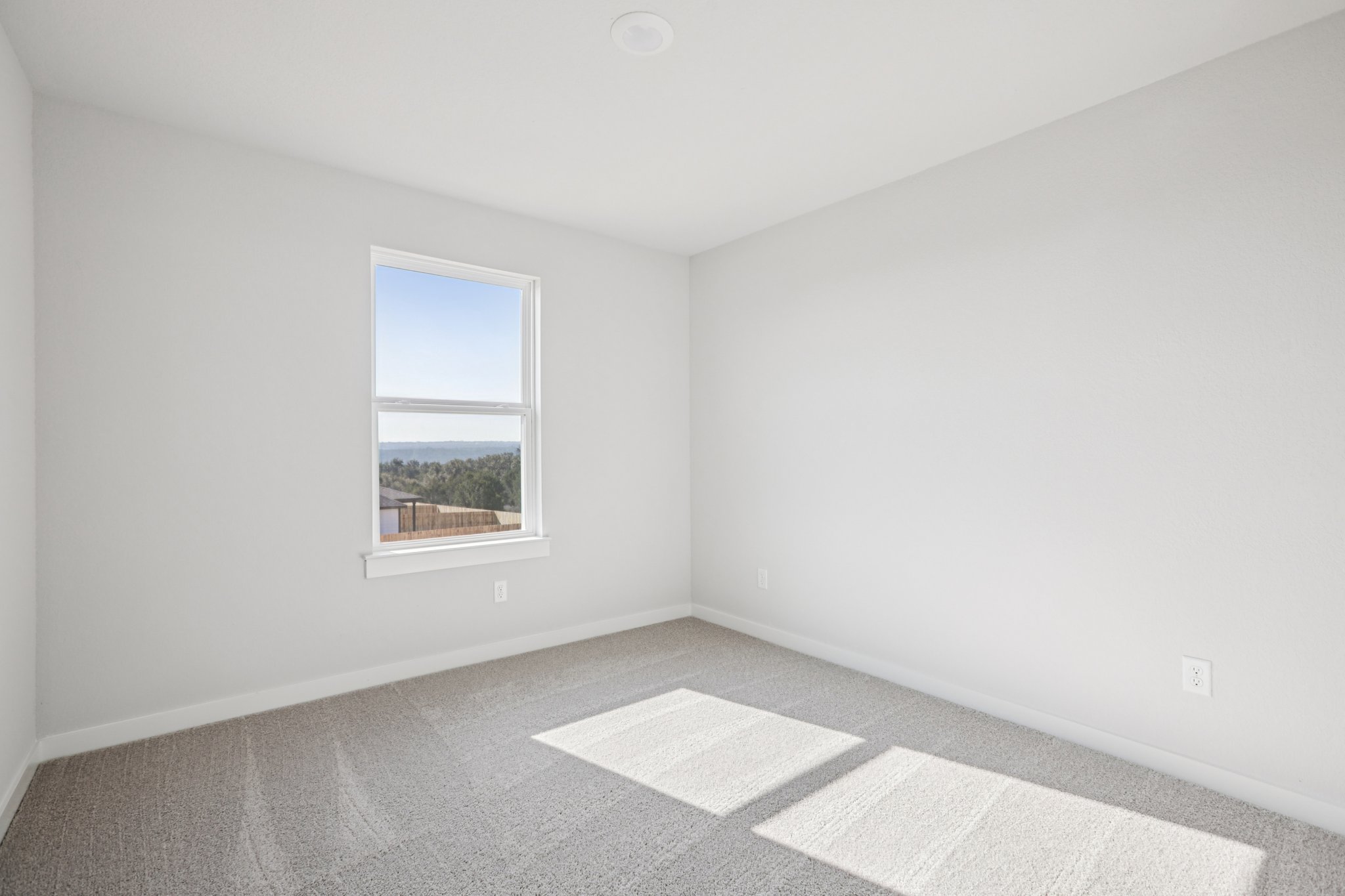 A room with a window and a rug.