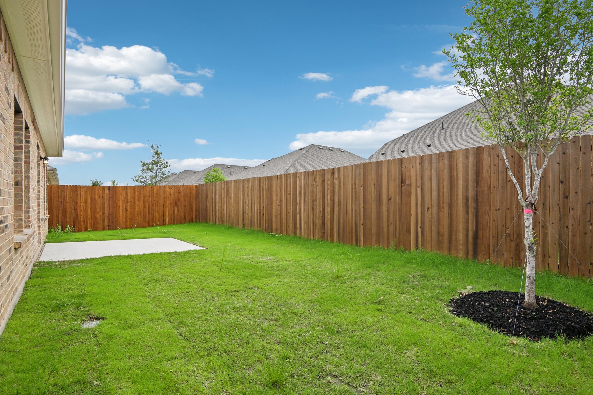 A fenced in yard with a tree and a house in the background.