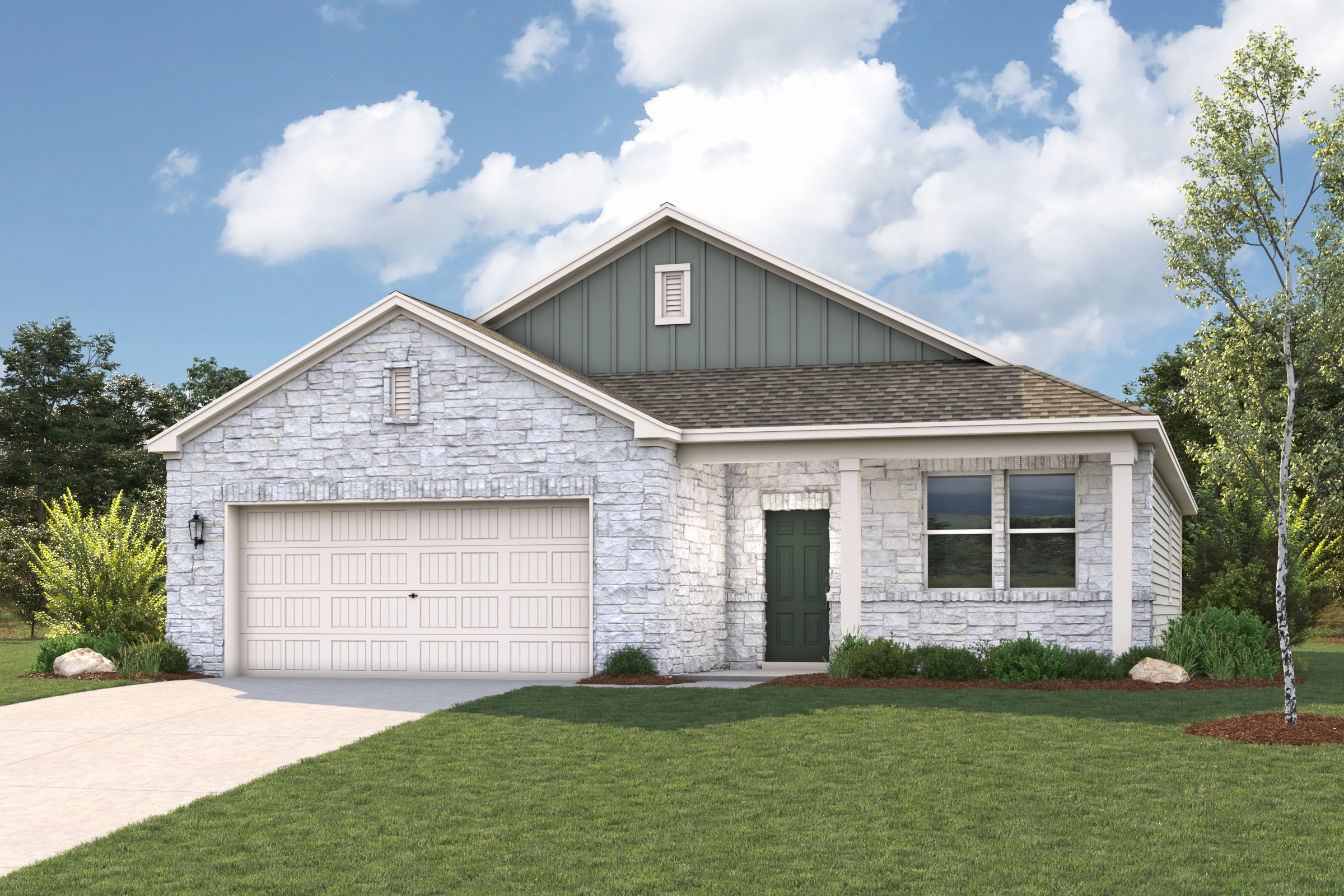 A house with a garage with American Gothic House in the background.