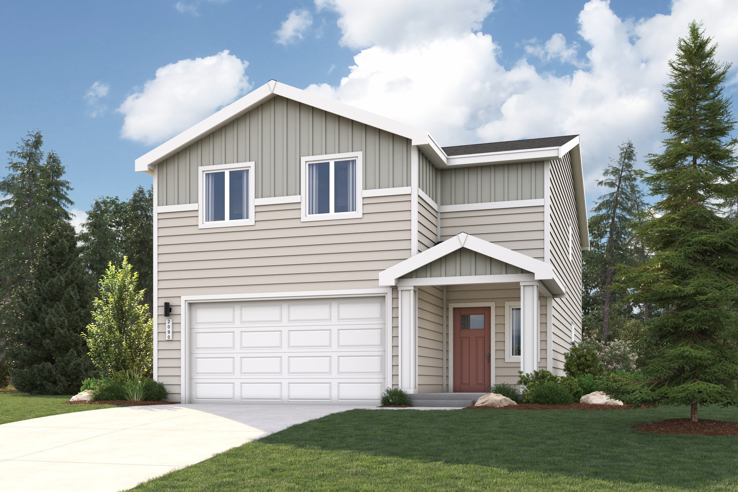 A white house with a garage.