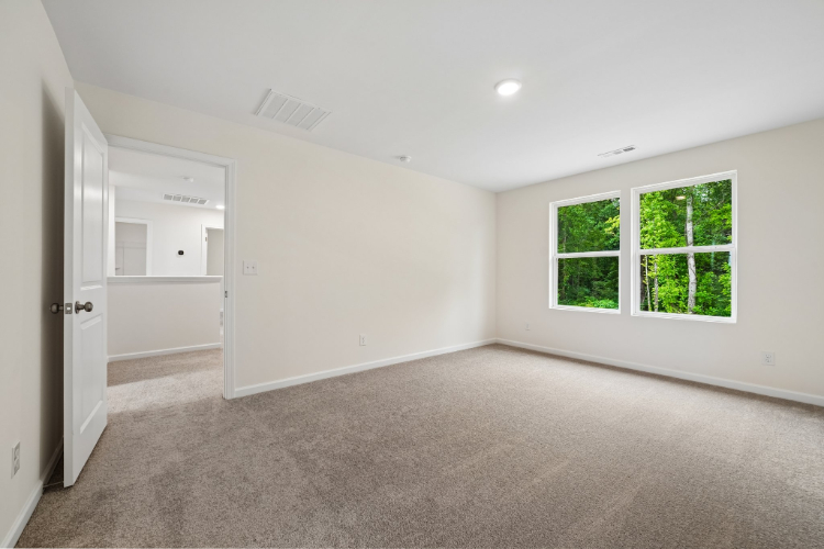 A room with a carpet and a window.