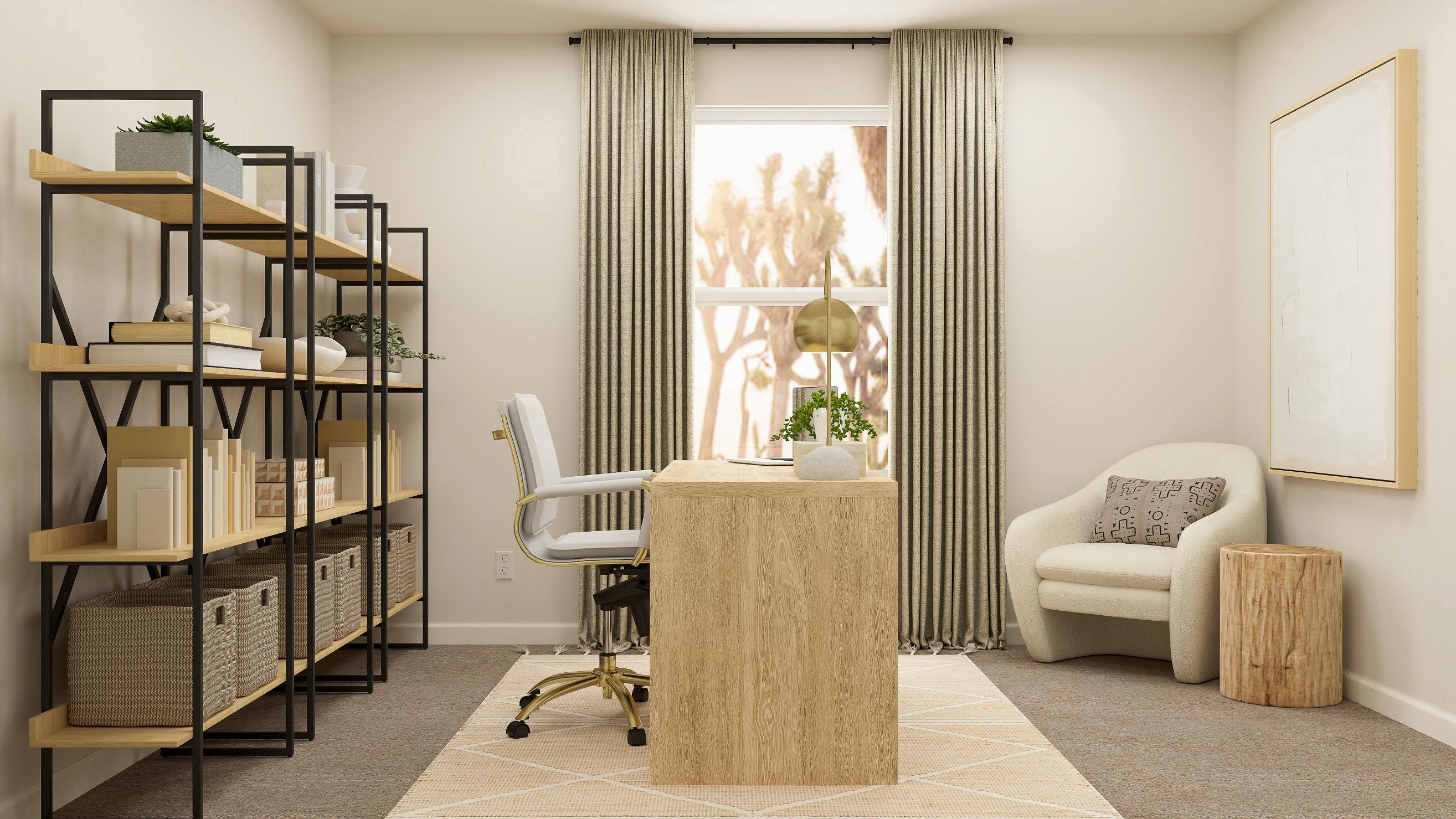 A room with a shelf and chairs.