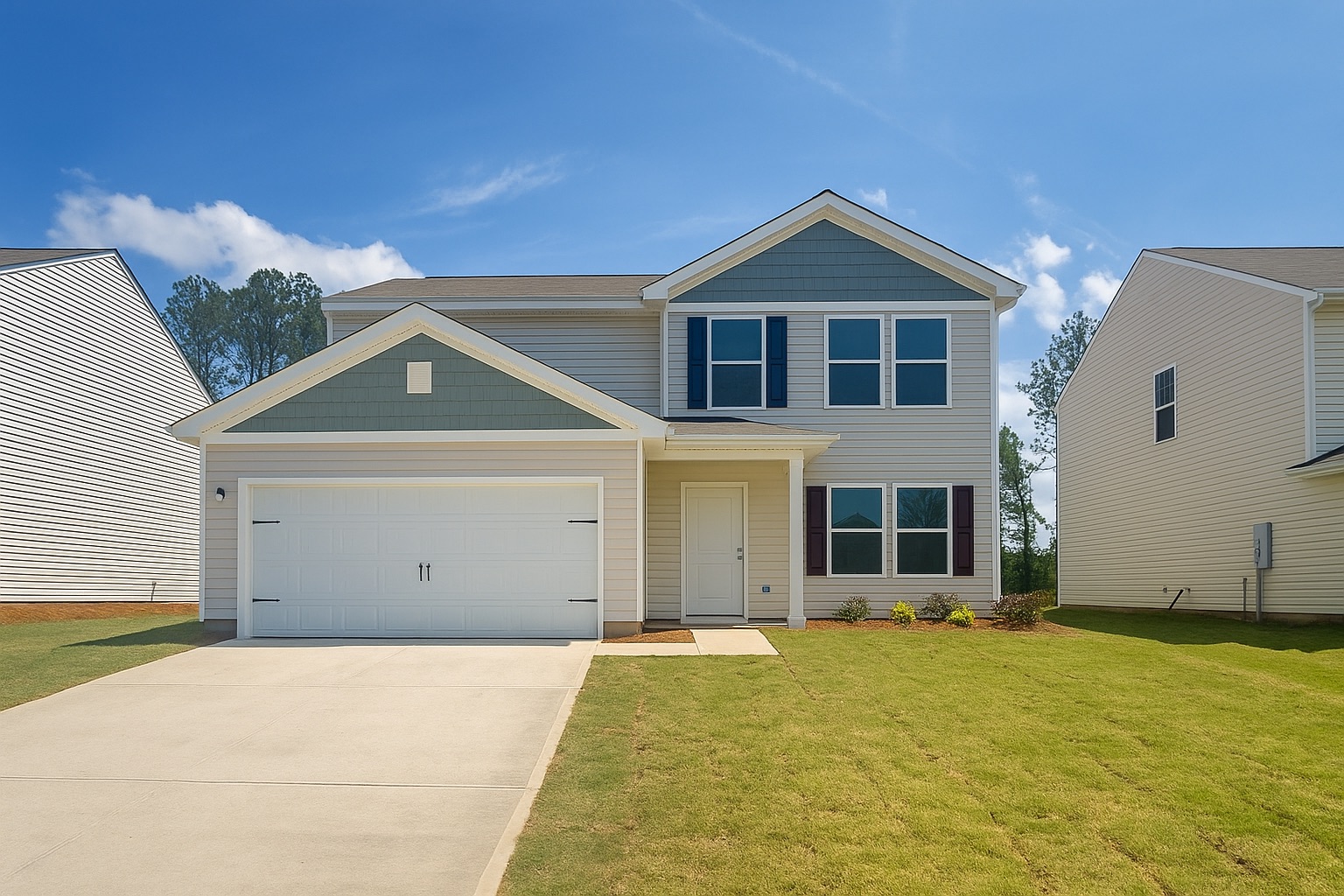 A house with a garage with Southfork Ranch in the background.